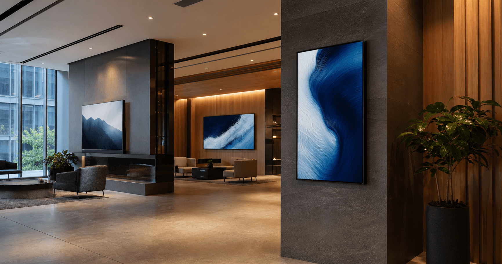 Professional portrait and landscape commercial signage displays in a modern corporate lobby