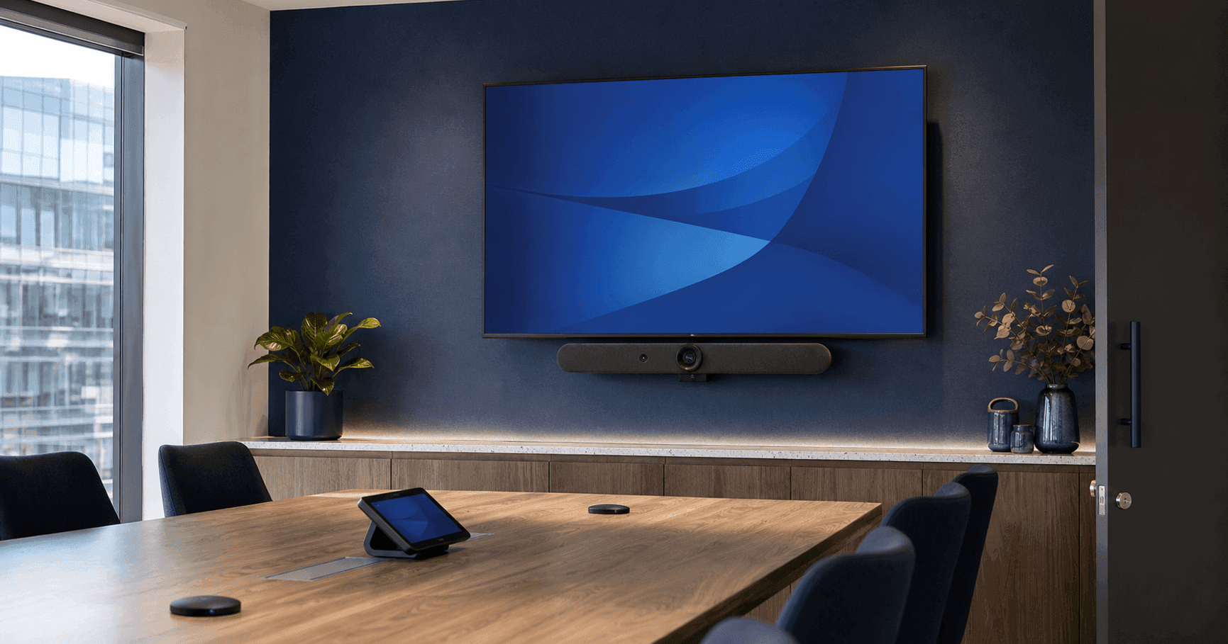 قاعة اجتماعات مؤسسية راقية مجهزة بنظام Logitech Rally Bar للتعاون المرئي