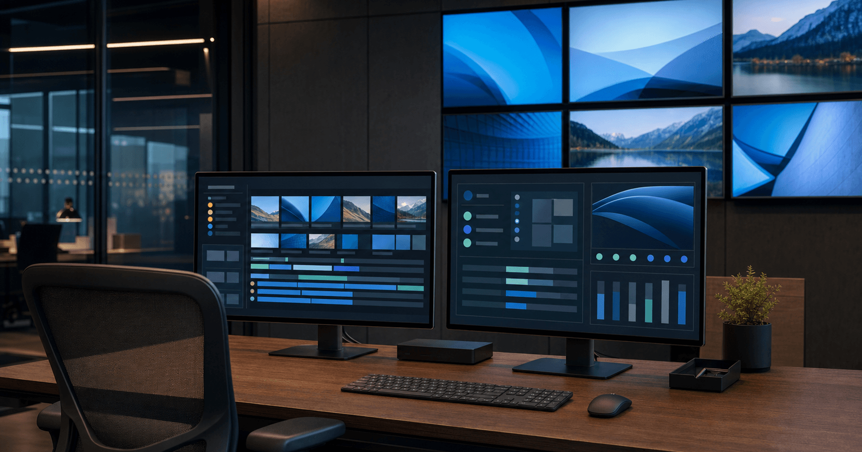 Conceptual centralized management workspace connected to a network of digital signage displays