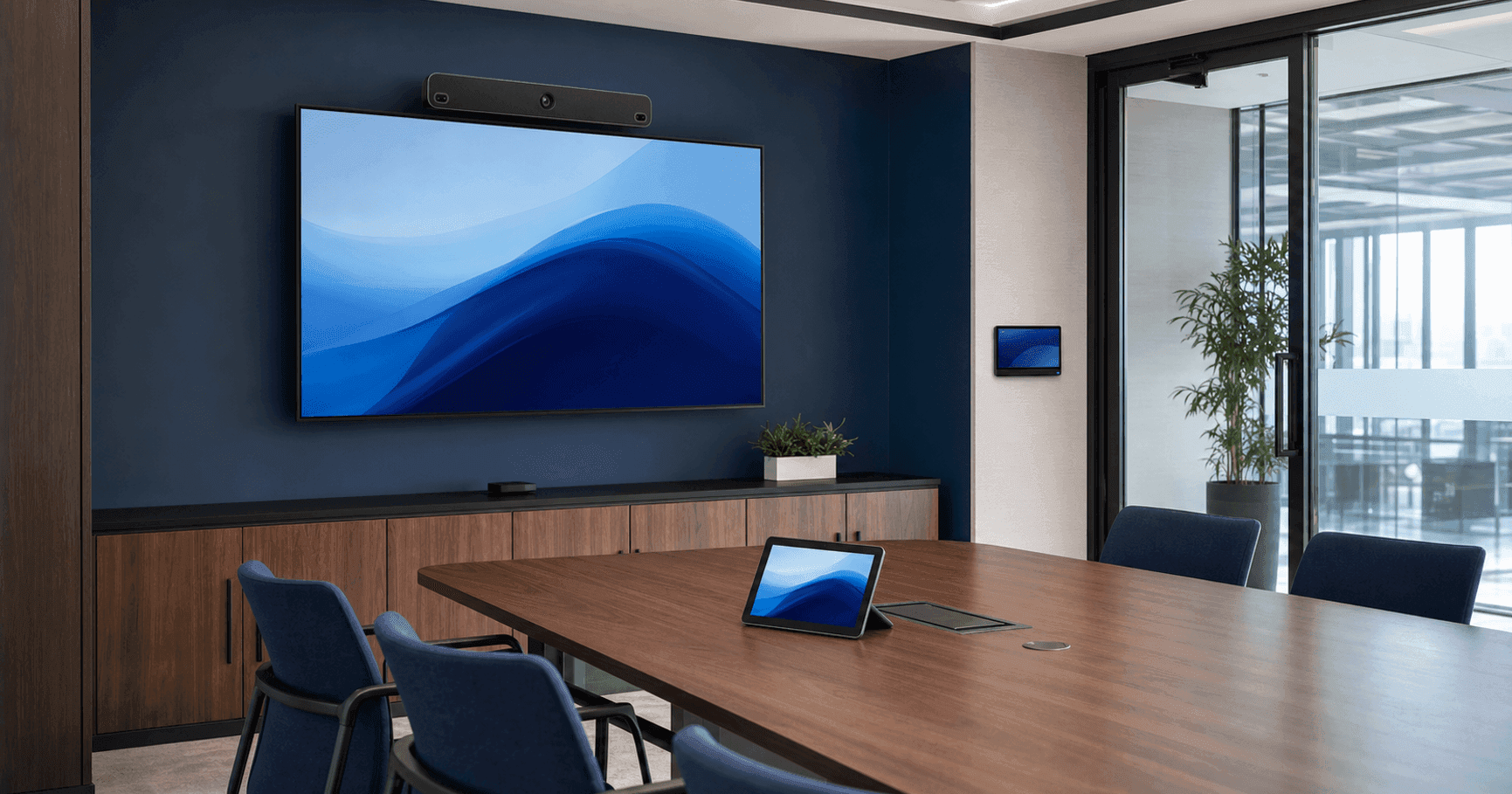 Modern enterprise meeting room equipped with a Yealink video collaboration system